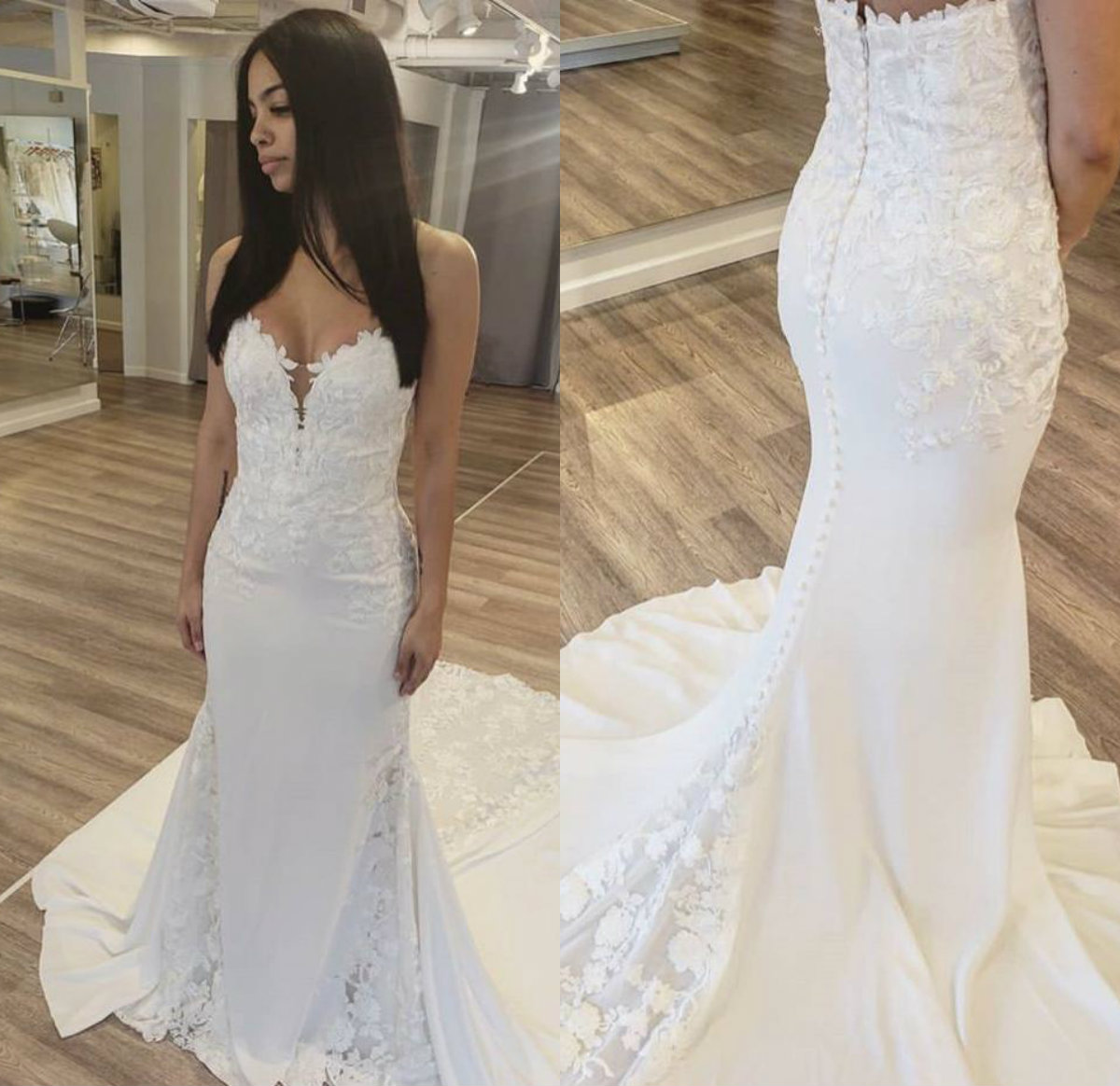 2019 Cheap Mermaid Wedding Dresses Sweetheart Lace Appliques Button Back Satin Sweep Train Beach Wedding Dress Custom Country Bridal Gowns