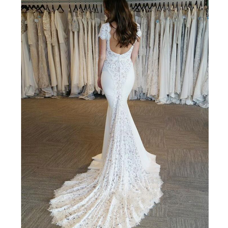 2020 Latest Short Sleeve V-neck Lace Mermaid Wedding Dresses Zipper Back Chapel Train Bridal Wedding Gowns Bride Dresses