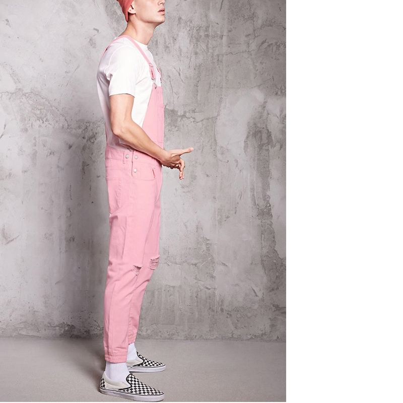 MJARTORIA 2019 New Pink Fashion Men's Ripped Jeans Jumpsuits Hi Street Distressed Denim Bib Overalls For Man Suspender Pants