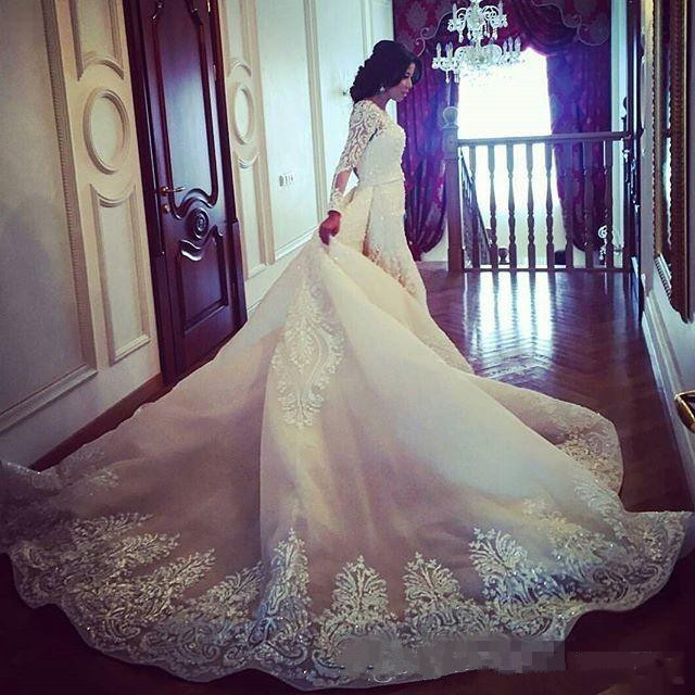 gorgeous mermaid lace wedding dresses with detachable train appliqued beads long sleeve wedding gowns bridal dress vestidos de nnovia