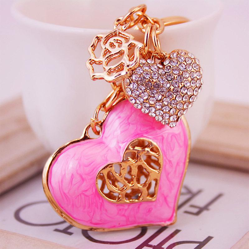 Crystal Heart Pendant Key Chains Glitter Enamel Alloy Rhinestone Charms Decor Fashion Keychain Gold Tone Plated Oil Drop Metal Car Keyring