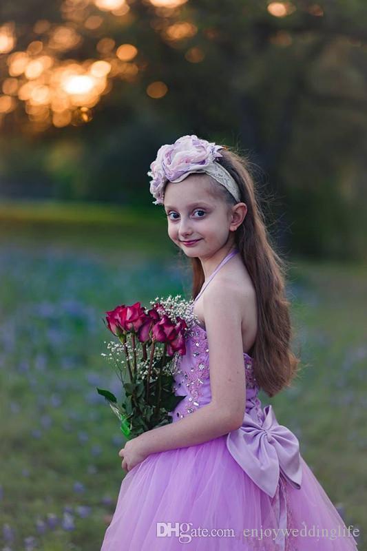 Light Elegant Purple Pageant Halter Neck Crystals Beaded Tulle Flower Girls Dresses for Wedding Satin Bows Kids Party Dress
