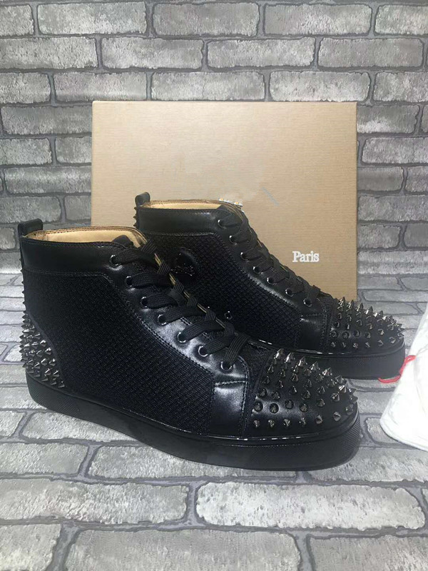 2019 Italy Handmade Brand Red Bottom Sneaker Orlato Men Shoes High Top Calfskin Leather Black Aclouflat Spikes Flats Sneaker Wholesale, As is shown in