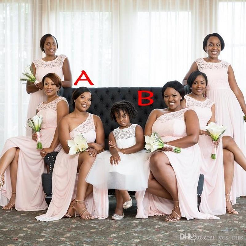 Mixed Styles Country Style African Black Girls Pink Bridesmaid Dresses Illusion Lace Applique Chiffon Maid Of Honor Wedding Guest Dress