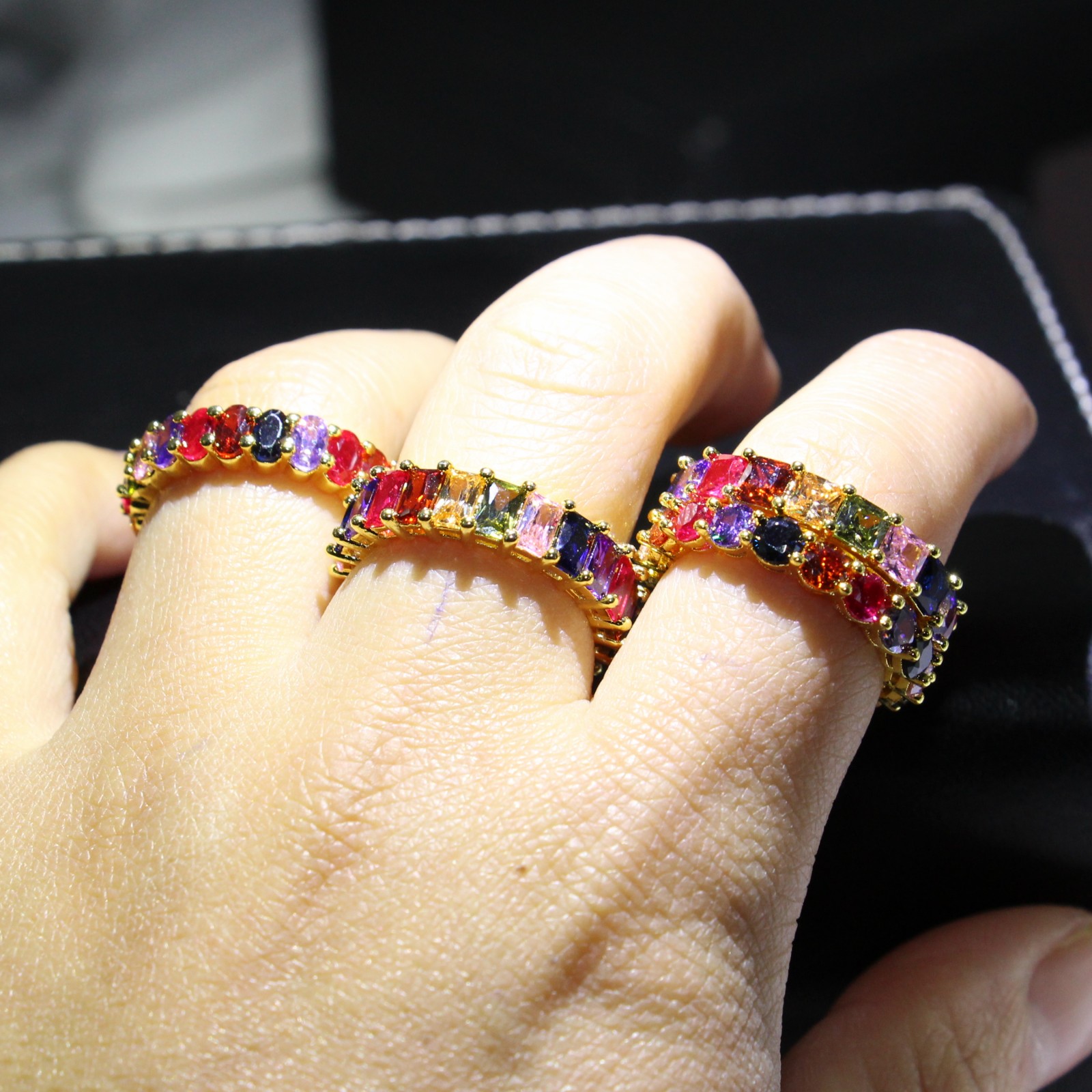 2019 New Arrival Cut Shinning Luxury Jewelry 925 Sterling Silver&Gold Fill Multi Color Topaz CZ Diamond Stackable Women Wedding Band Ring