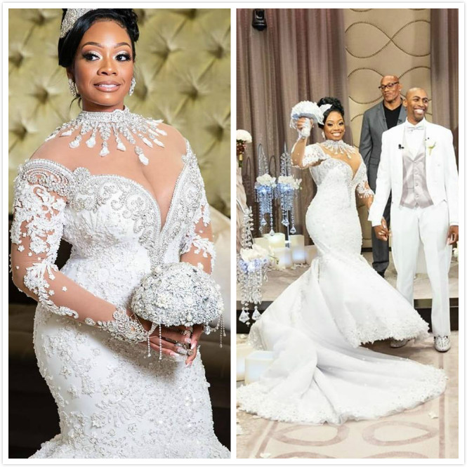 Elegant High Neck Plus Size Arabian Crystal Laced Mermaid Wedding Dress with Beads and Long Sleeves