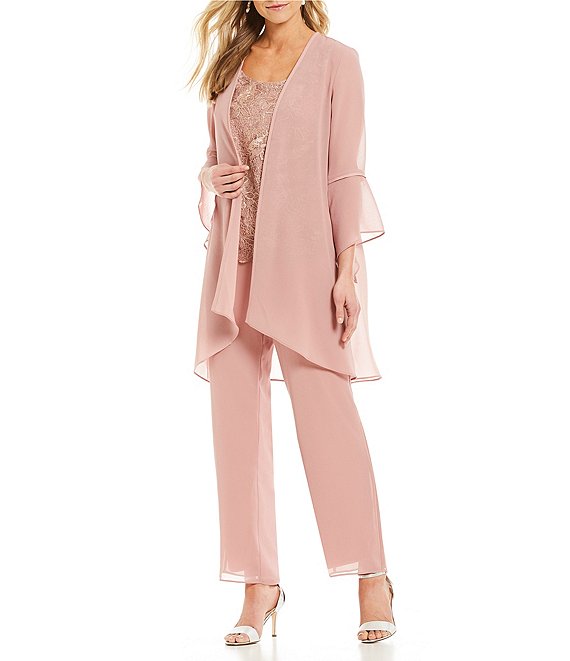 Light Pink Mother Of The Bride Pant Suit Chiffon Long Sleeve Lace Appliqued 3 Piece Chic Plus Size Mother Of The Bride Dresses Custom Made