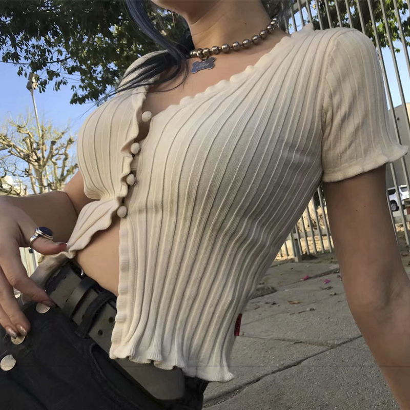 Women Fashion Short-Sleeve Ruffles Cardigans Sweaters Knits Tees With Single Breasted Big Elastic Knitted Crop Tops B4