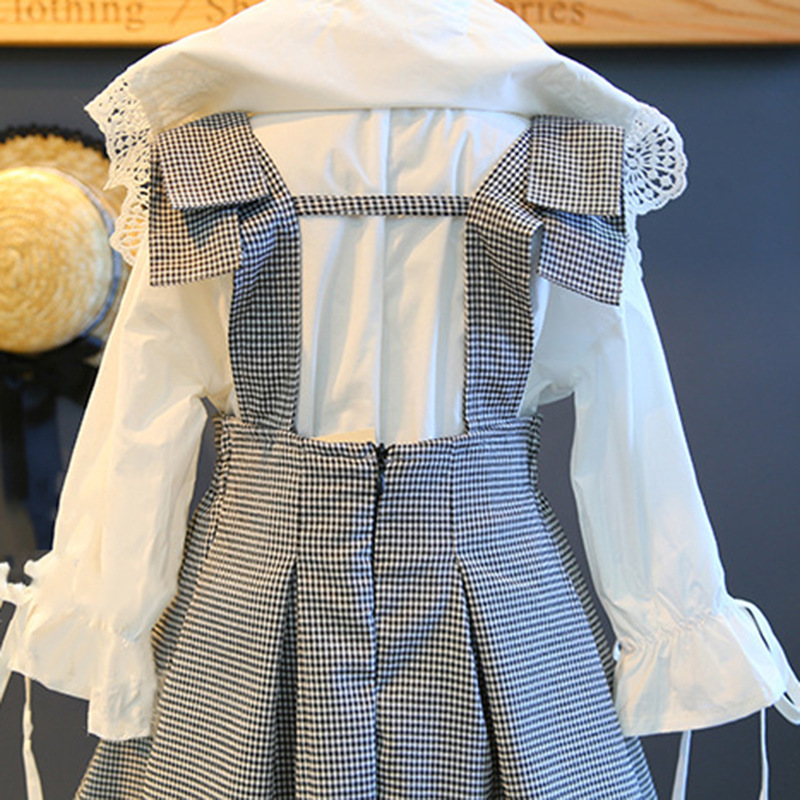 Girls Dress 2020 New Spring / Autumn England Style Lace Long Sleeve Shirt + Plaid Strap Dress For Princesss 3-7 Years