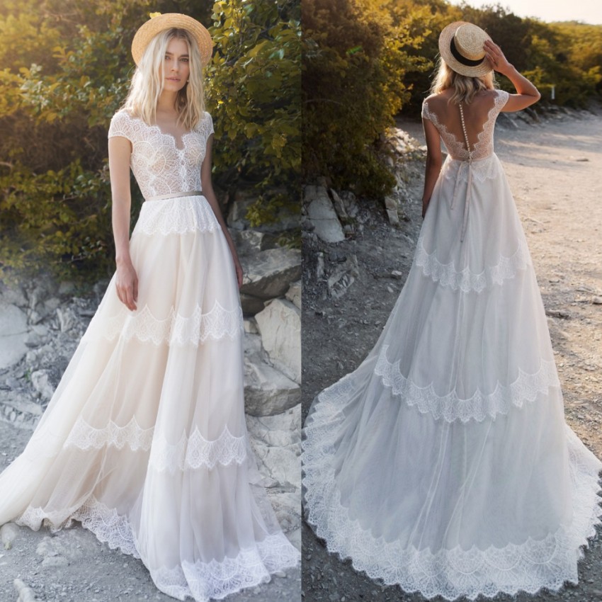 Line Chic A Lace Bohemian Wedding Dresses Bateau Neck See Through Buttons Back Beach Bridal Gowns Tulle Sweep Train Robe De Marie