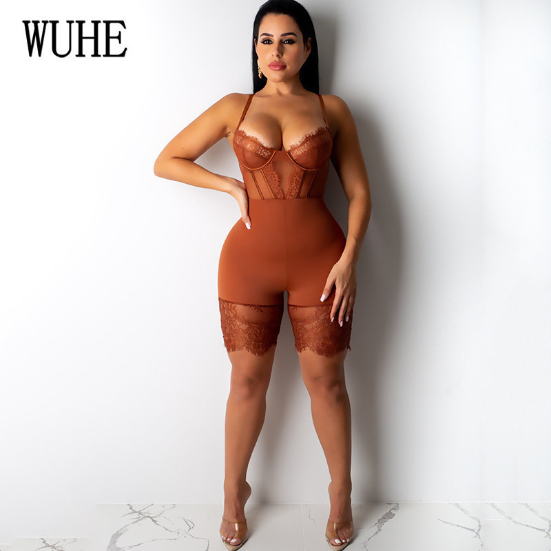 WUHE Lace Patchwork Sexy Spaghetti Strap Jumpsuits Women Off Shoulder Sleeveless Elegant Bodycon Bandage Party Short Playsuits T200113