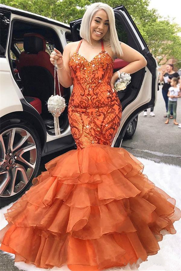 mermaid prom dresses spaghetti lace appliqued crystal tiered skirt evening dress sweep train formal party gowns floor length