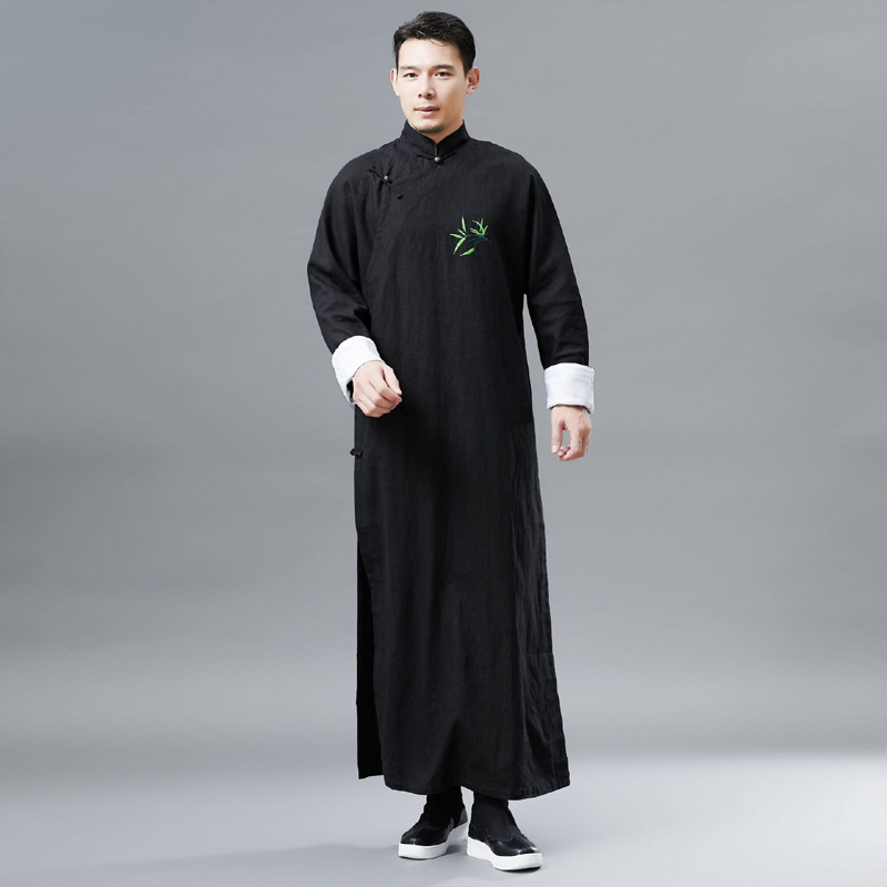 Chinese tang suit for men cheongsam style male gown traditional long vestido cotton linen ethnic clothing embroidered bamboo pattern robe