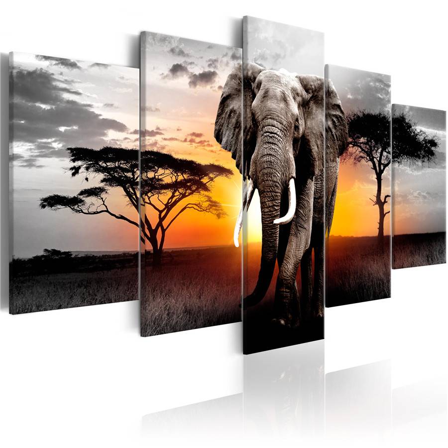 5Pcs Sunset Elephant Large Landscape Painting Canvas Picture Prints for Home Living Room Decor (Color: Multicolor)