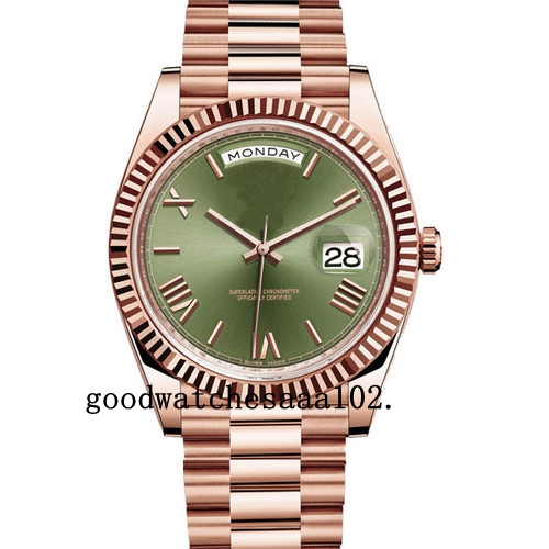 2020 Rose Gold Day Date 40 President Olive Green Roman Card 228235 Automatic Men's Watch