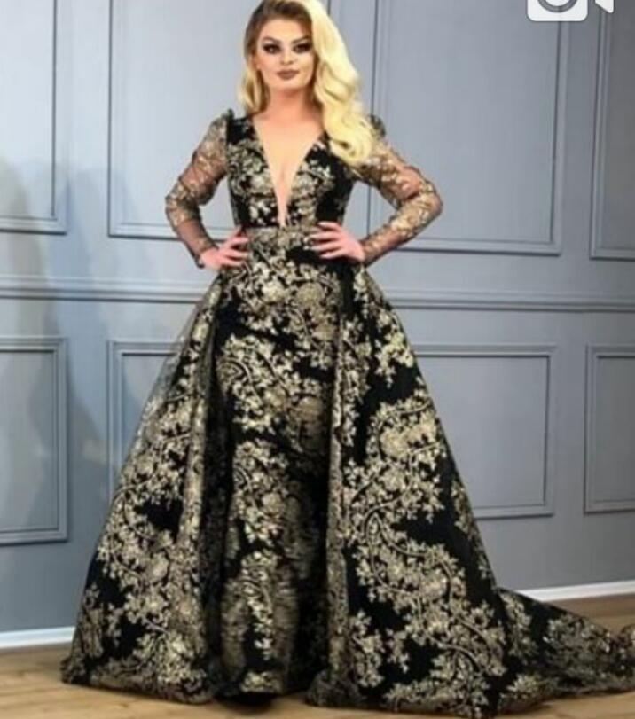 Yousef aljasmi Mermaid Evening Dresses With Detachable Train V Neck Long Sleeves Gold Prom Dress Dubai Lace Party Pageant Gowns Plus Size