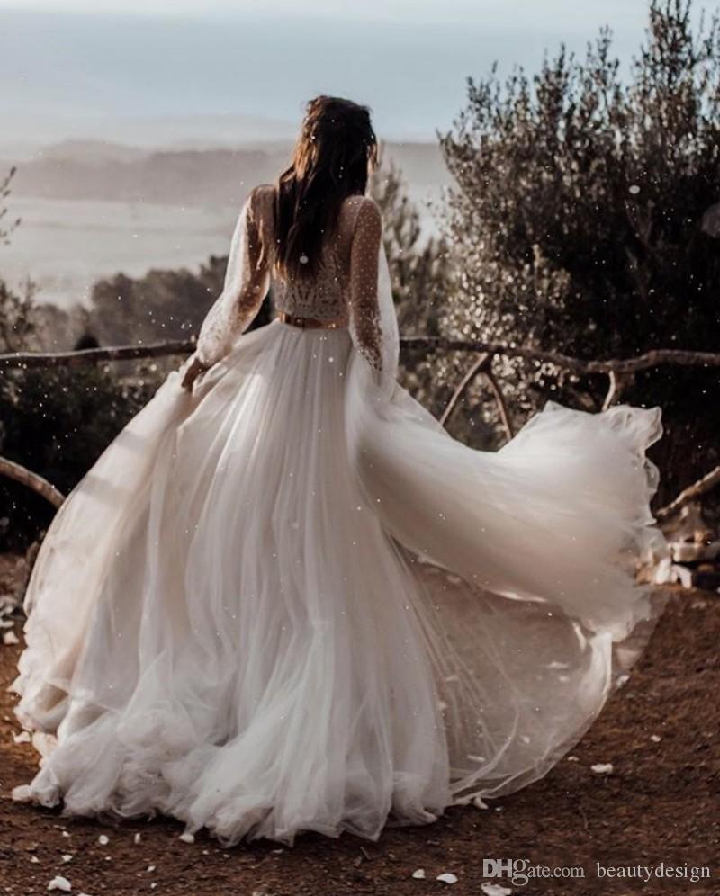 Beach New Elegant Two Pieces Wedding Dresses With Belt A E Long Sleeve Lace Appliqued Boho Sweep Train Tulle Bridal Dress Vestidos Ppliqued 6660306