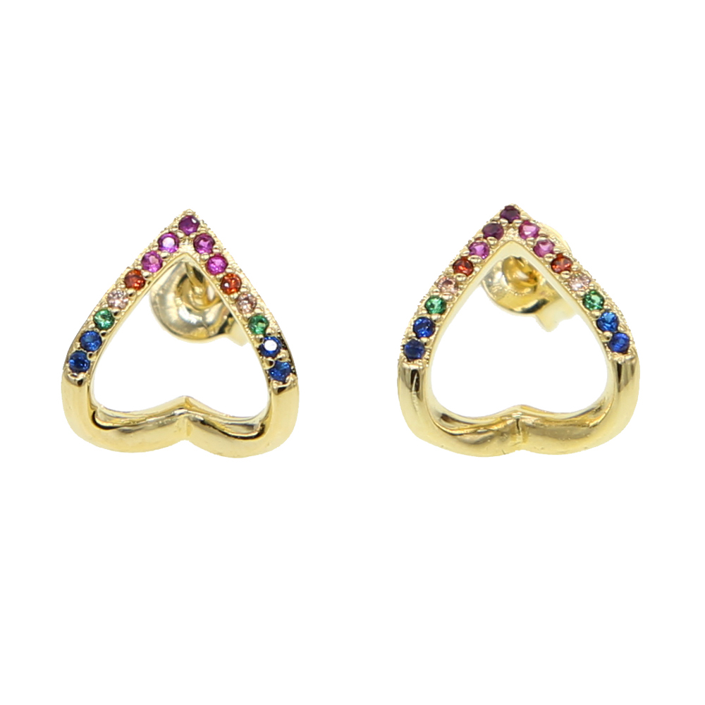 2024 valentine's gift heart stud earring micro pave rainbow colorful cubic zirconia fashion hollow heart design jewelry