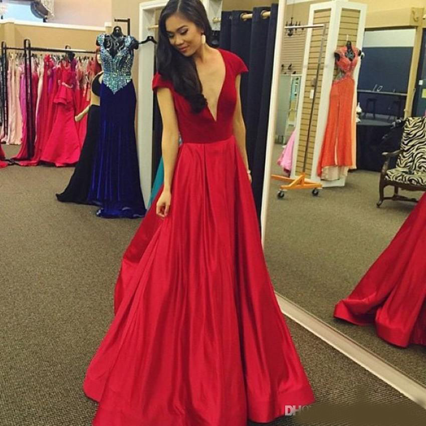 Elegant V-neck Red Long Evening Dresses Satin Formal Evening Gowns Prom Party Dresses Special Occasion Dresses