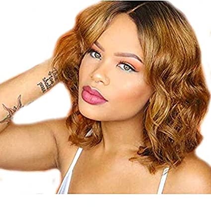 Colored Human Hair Ombre Lace Front Wigs 150% Short Bob Wavy 1b27 Two Tone Brazilian for Black Women BLeached Knots (12inch diva1