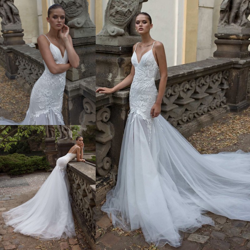 Mermaid Lace Amazing Backless Wedding Dresses Spagetti Straps Beaded Bridal Gowns Trumpet Sweep Train Appliqued Plus Size Robe De Marie