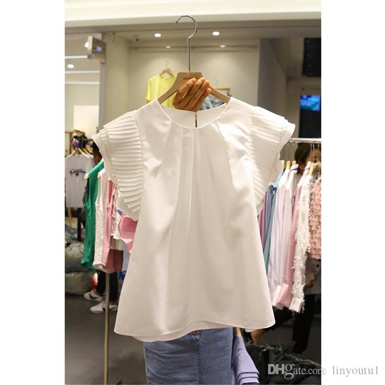 2020 Solid White Summer Women T Shirts O-neck Short Sleeve Pleated Female Tees 2019 New Korean Fahion Loose Casual Tops
