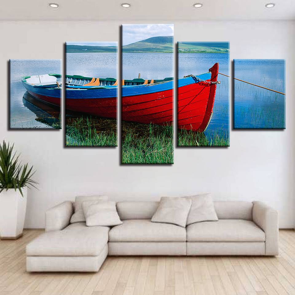 Printing Poster Modular Canvas Pictures Decor Home Living Room 5 Pieces Ship River Mountain Scenery Paintings (No Frame)