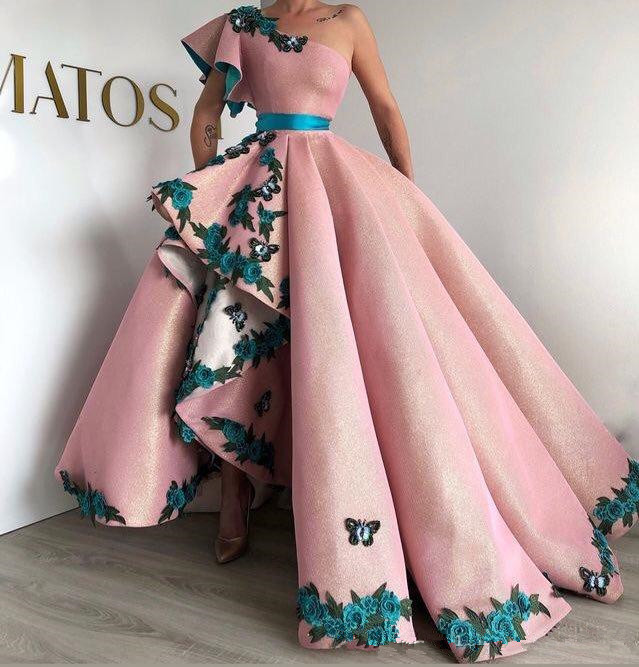 Shinning Ball Gown Pink Evening Gowns Long Party Dress 3D Applique Lace-up Sexy One Shoulder prom Dresses robe de soiree Abendkleider