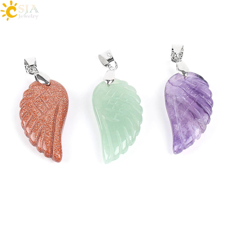 Natural Gem Stone Angel Wing Necklaces & Pendants Purple Pink Rock Crystal Lapis Lazuli Opal Green Aventurine Jewelry
