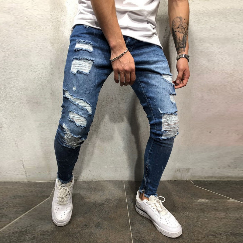 OLOME Hot Sales 2019 Ripped Side Striped Jeans Fashion Blue Streetwear Mens Skinny Stretch Jeans Pants Casual Denim Hombre
