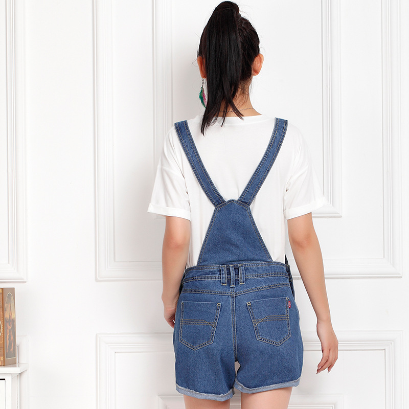 Women's Rolled-up Denim Shortalls Fashion Overall Loose Fit Plus Size Washed Blue Denim Short Jumpsuit with Pockets 28-42