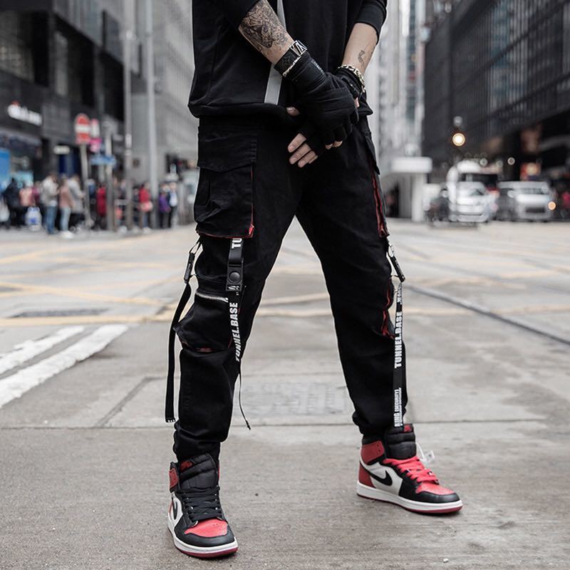 Men Hip Hop Black Cargo Pants joggers Sweatpants Overalls Men Ribbons Streetwear Harem Pants Women Fashions Trousers MX200323