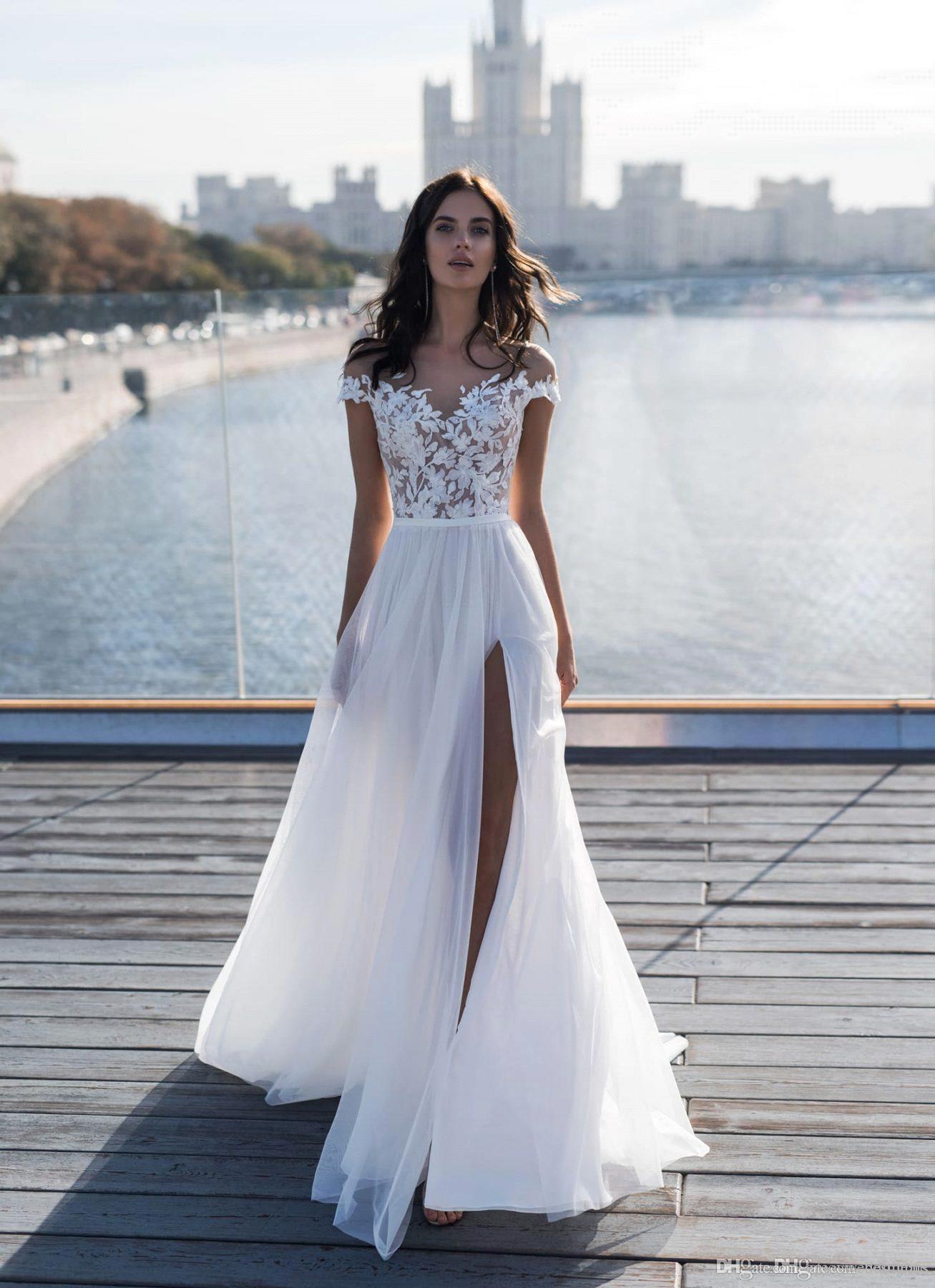 Summer Beach A Line Dresses Capped Sleeve Sheer Neck Lace Bohemian Wedding High Thigh Slit Bridal Gowns Buttons Floor Length 0510