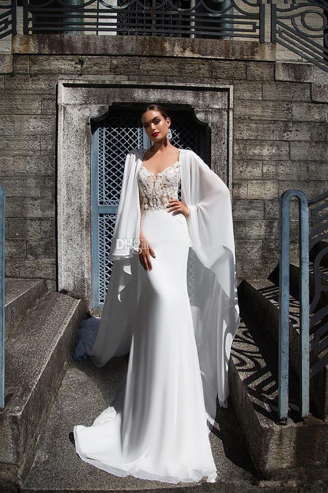 Illusion O-neck Mermaid Wedding Dresses with Long Cape Appliques Covered Button Back Castle Wedding Gown Illusion Lace Bridal Gowns