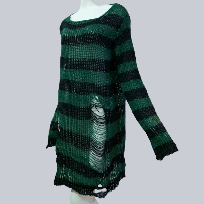Plus Size Punk Gothic Long Unisex Sweater Dress Women Man Striped Cool Hollow Out Hole Broken Jumper Loose Rock Thin Sweter 2020 T200101