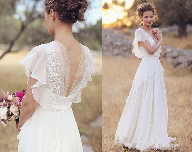 2020 New Summer Light Champagne Wedding Dresses Boho Beach Chiffon Lace A Line Appliques Long Bridal Gowns Robe de mariee 10