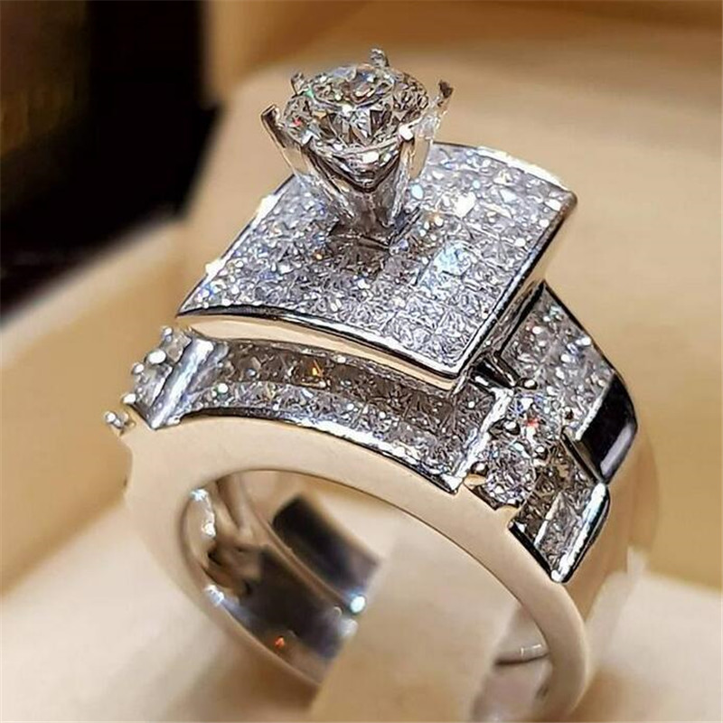 Top Selling Classical Fashion Jewelry Brand New 925 Sterling Silver Couple Rings Round White Topaz CZ Diamond Gemstones Bridal Ring Set Gift