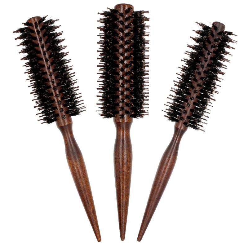 Anti Static Wood Boar Bristle Hair Round Brush Hairdresser Styling Teasing Brush For Hair Curly Comb 3 Sizes To Choose