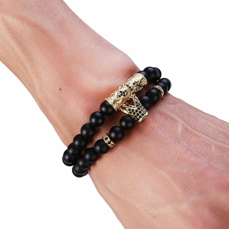 2 Set Bracelets - Matte Black Onyx 8MM Crown Men and Women Tattoo Personality Friendship Gift bracelet