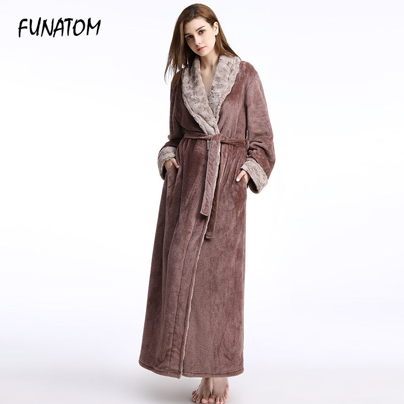 

New Winter Robe Woman Thicken Warm Homewear Pajama Nightgowns Sleepwear Coral velvet long Robe female Bathrobe Thick Robes, Brown