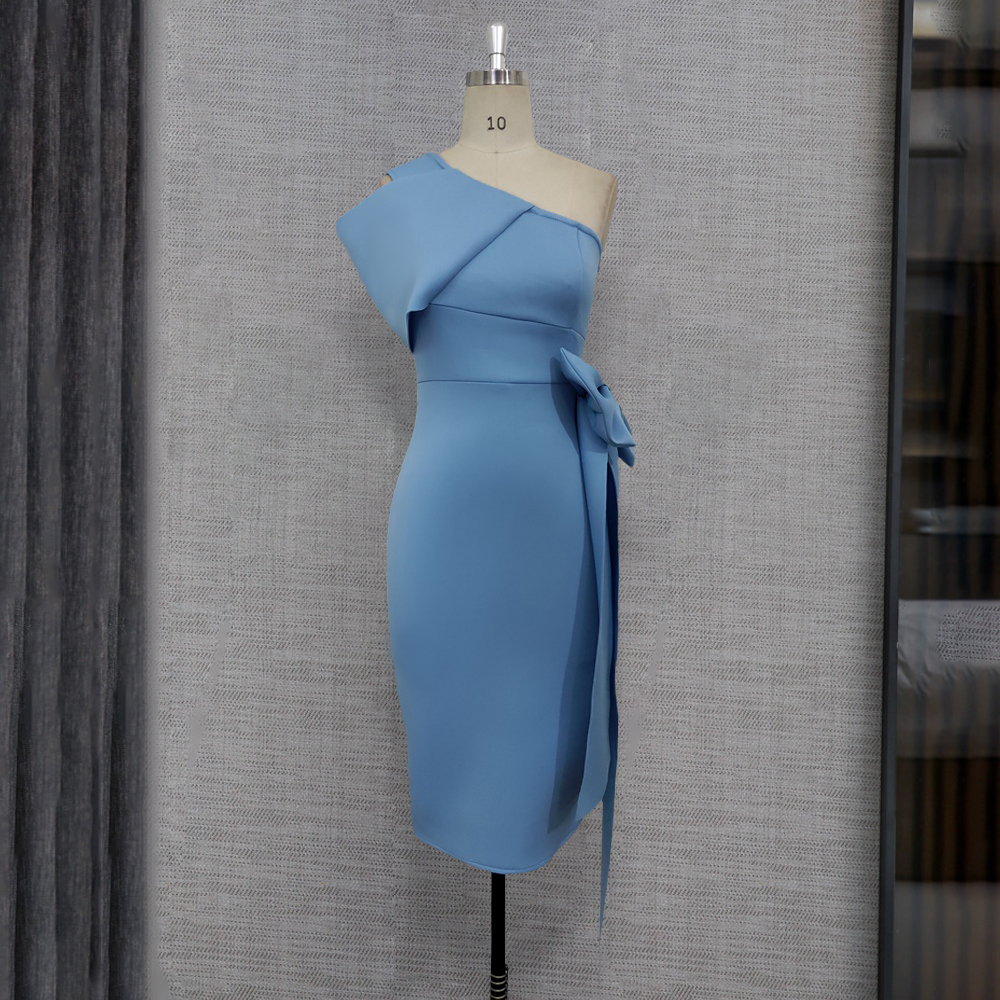 Women Bodycon Dresses One Shoulder with Bowtie Waist Belt Light Blue Dress Elegant Slim Vestido African Event Celebrate Occasion MX200518