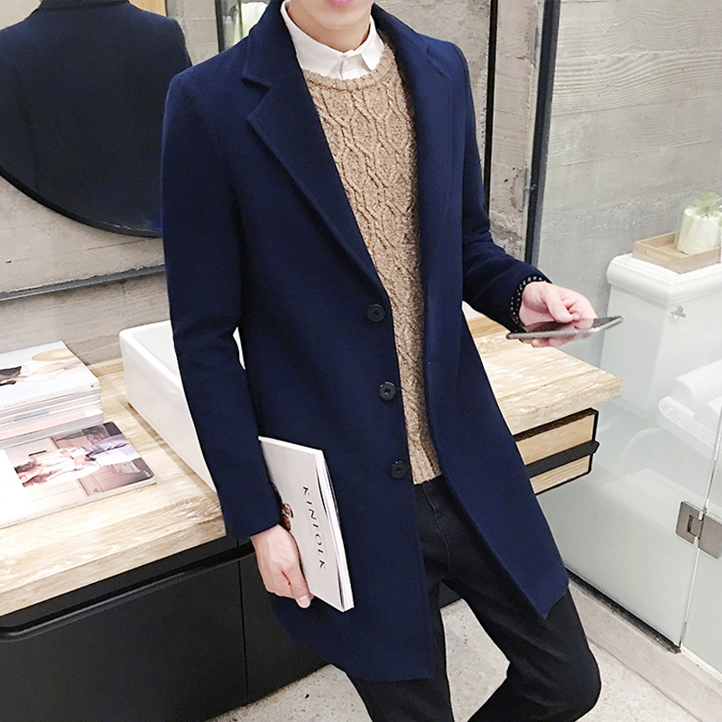 2019 New Fashion Fine Wool Cotton Leisure Long Trench Mens Casual Slim Coats Jackets / Pure Color Mens Woollen Business Coat