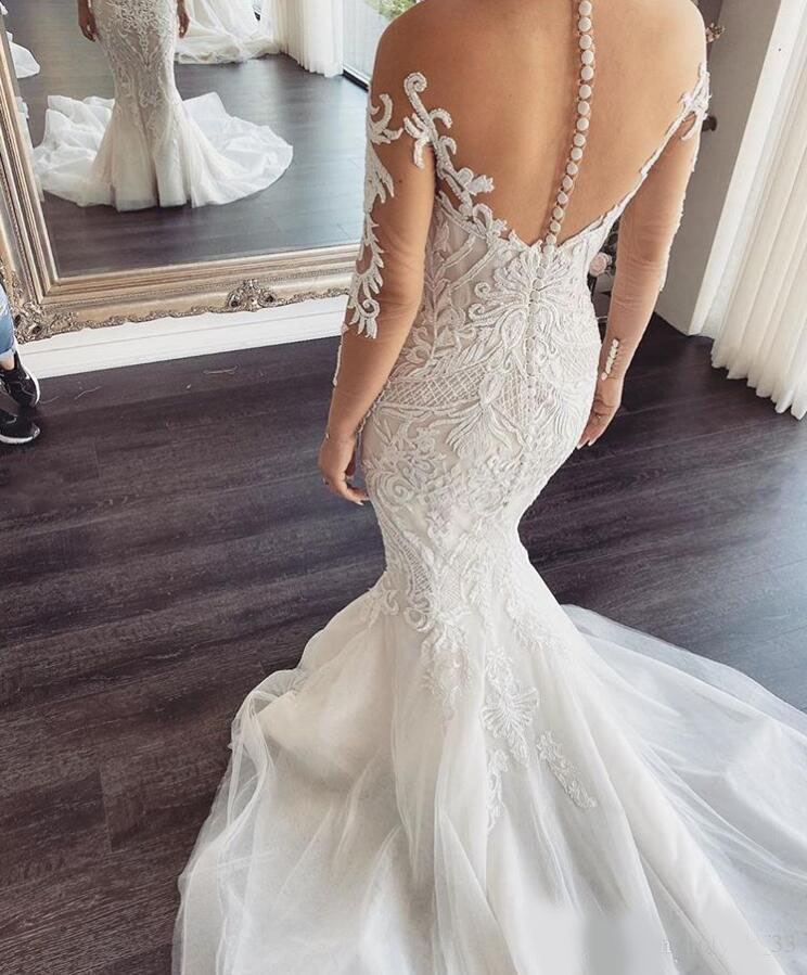2020 Gorgeous Lace Appliques Mermaid Wedding Dresses Illusion Long Sleeve Covered Button Tulle Bridal Gowns robes de mariée Custom Made