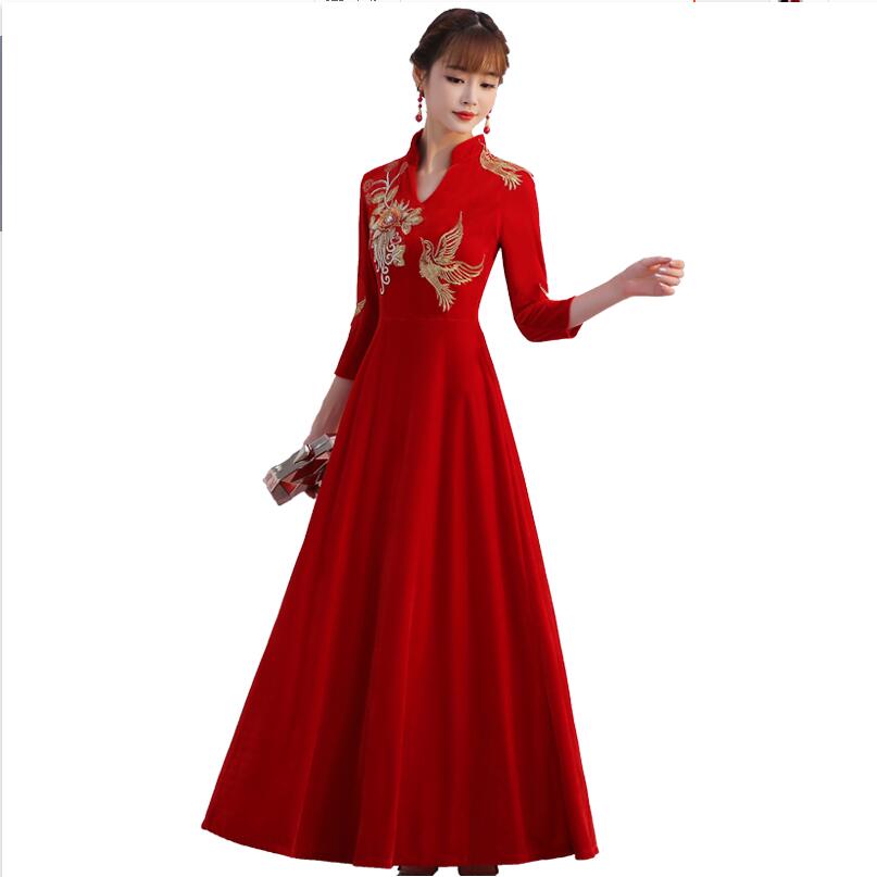 Improve Embroidery Cheongsams Chinese Style gown Spring Red Qipao Party dress Vintage Elegant Long Robe Oriental Vestido