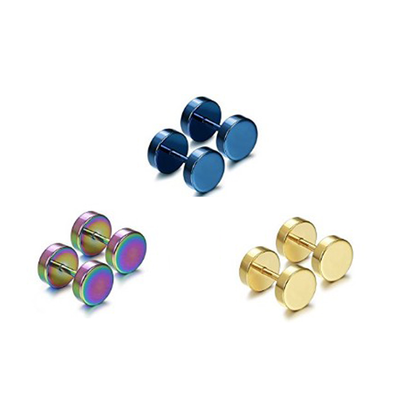 Hip Hop Men's Colorful Stainless Steel Dumbbell Screwback Stud Earrings Set Sports Fitness Jewelry Double Sides Wholesale