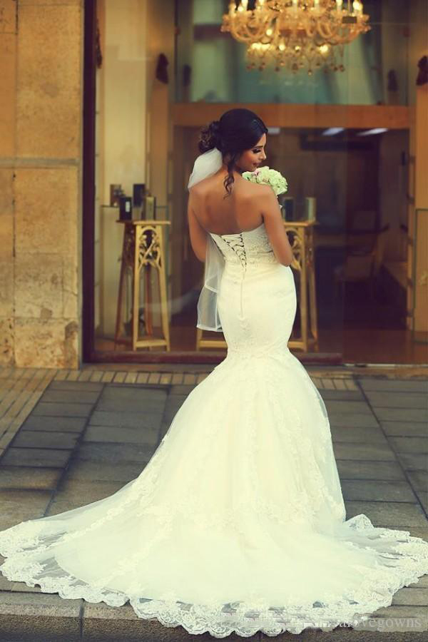 Sleeveless Lace Appliques Bridal Gowns Elegant Arabic Lace Mermaid Wedding Dress With Sweetheart Neckline Corset Back Vestido De Novia 0521