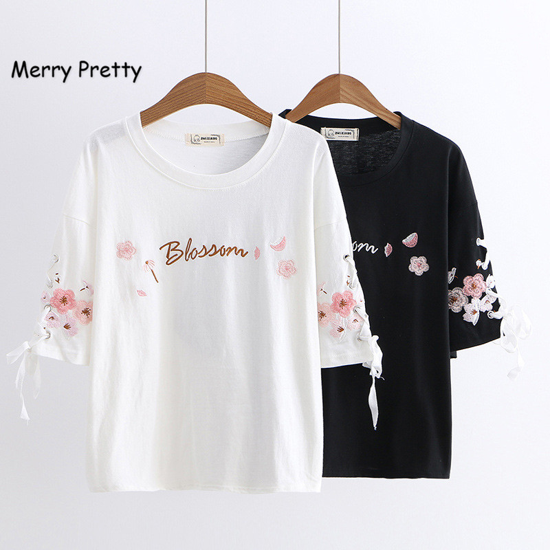 Merry Pretty Funny Tshirt Women Letter Floral Embroidery Lace Up Short Sleeve T-shirt Cotton White Black Sweet T Shirt Female
Merry Pretty Funny Tshirt Women Letter Floral Embroidery Lace Up Short Sleeve T-shirt Cotton White Black Sweet T Shirt Female
