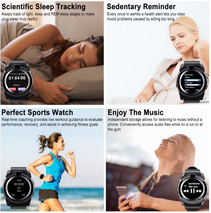 New Smart Watch V8 Men Bluetooth Sport Watches Women Ladies Rel Smartwatch with Camera Sim Card Slot Android Phone PK DZ09 Y1 A1 R