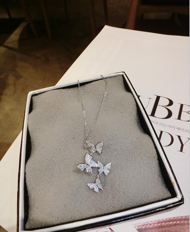 New Arrival Classical Fashion Jewelry 925 Sterling Silver&Rose Gold Fill Pave White Sapphire CZ Diamond Butterfly Pendant Women Necklace