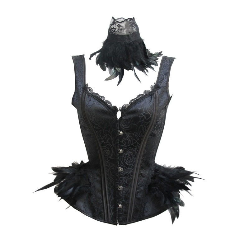 Women 3pcs Set Vintage Corset Top with Feathers Cape and Collar Outfit Halloween Burlesque Party Halterneck Side Hip Curve Overbust Corset